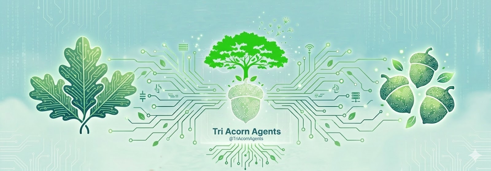 Tri Acorn Agents brand artwork: circuit traces flowing into oak leaves and acorns